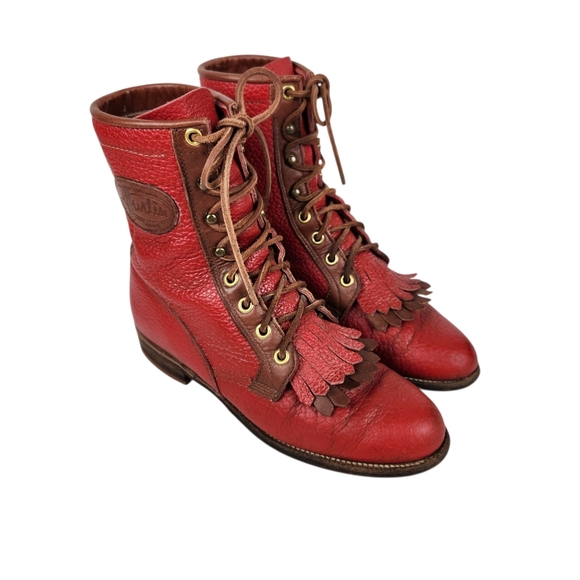 Justin Boots Shoes - Justin Vintage Red Leather Brown Trim Lace Up Roper Western Boots Womens Size 6